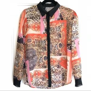 Black Gold Orange Baroque Leopard Scarf Print Top